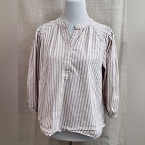 A New Day Women's Puff 3/4 Sleeve Blouse Pullover Cream Tan Stripe Size Small